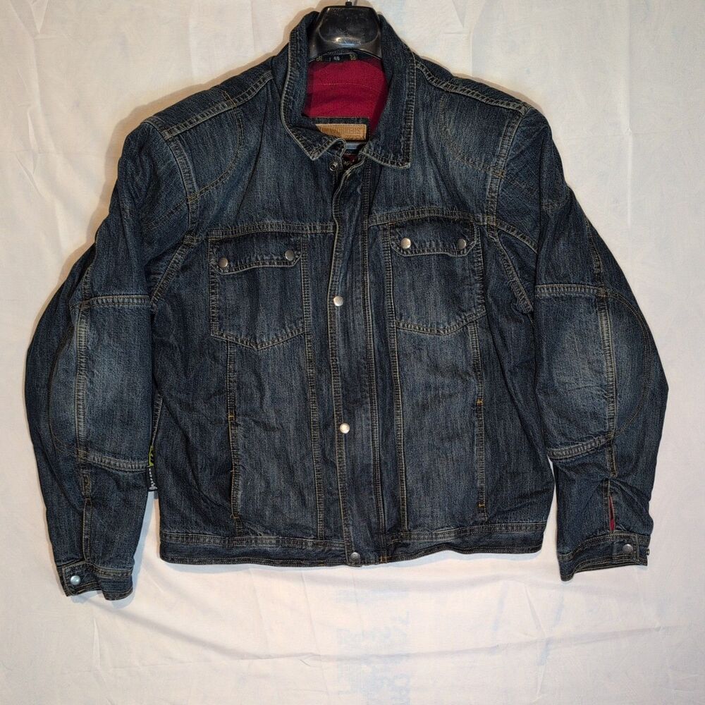 Iron Workers Denim Moto Jacket Mens 48 Blue Red Lined Full Zip Hard Padding